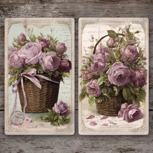 Victorian Mauve Rose Basket – 2 Large Journaling Cards (Ribboned...