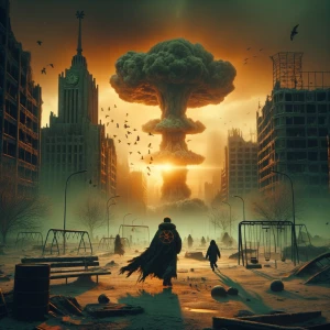 A scorched city frozen in time, human silhouettes burned into cr...