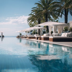 Imagine a serene outdoor poolside lounge featuring cushioned sun...