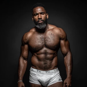 Generate an image of a confident, white muscular black-gray man...