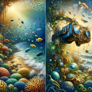 A whimsical phantasmagoric VR headset, its intricate design is a...