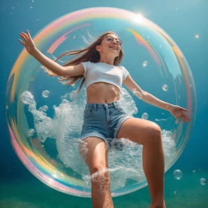 Girl get trapped in the bubble in short pants and floating away...