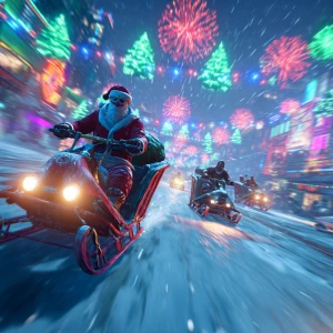 Create an epic Christmas banner in GTA Vice City style: Santa in...