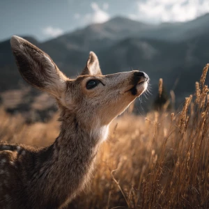 Close-up 16:9 cinematic shot of baby fawn lifting her head towar...