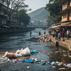 People doing tourism and throwing garbage from the river