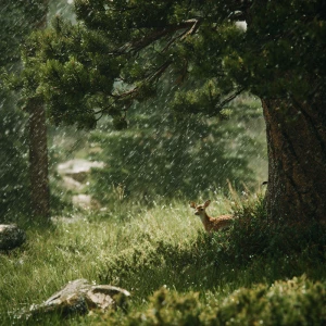 Heavy rain beginning to fall across Rocky Mountain meadow, baby...