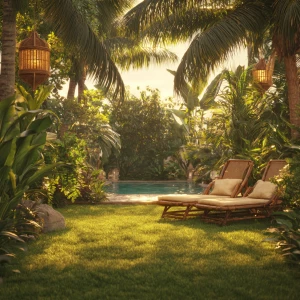 Create a realistic image featuring a lush tropical garden lawn w...