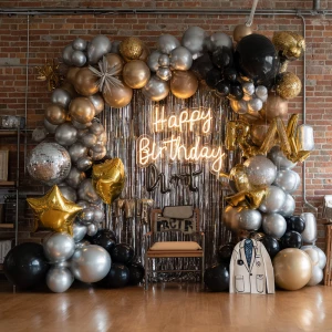 Create a realistic picture of a scene decorated for a surprise b...