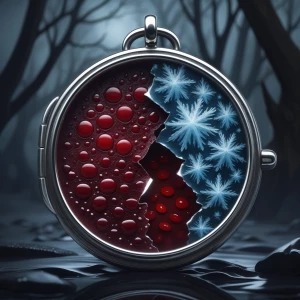 Photorealistic close-up of a vintage silver locket, cracked in h...