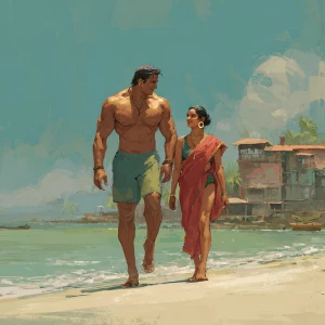Realism,a muscular sweaty indian  villain man, walking  with his...