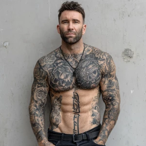 A muscular man with light skin and short dark brown hair is depi...