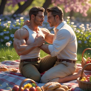The image is a romantic, hyper realistic of two men engaged in a...