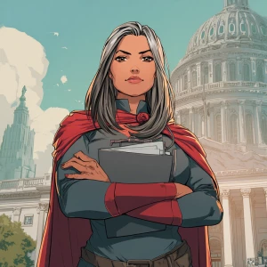 Illustrate a scene featuring a powerful plus-size woman with sho...