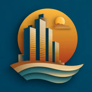 Create a square 1024x1024 3D logo: a beachfront condominium at s...