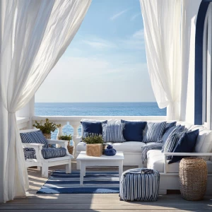 Create an image of a luxurious coastal terrace featuring white a...
