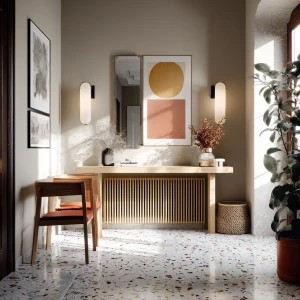 Create an elegant Scandinavian entryway scene featuring a terraz...