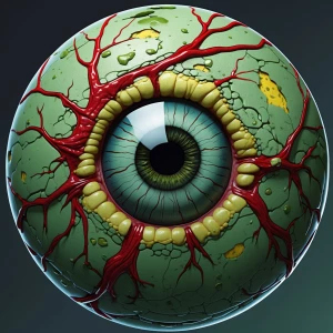 a circular image of a single zombie eyeball, greenish and decaye...