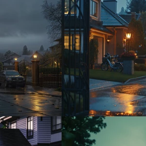 cinematic nighttime cul-de-sac, gated suburban community, luxury...