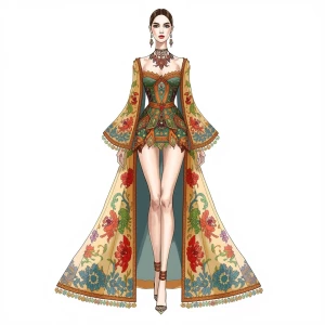 Generate a fashion sketch depicting a model showcasing an elegan...