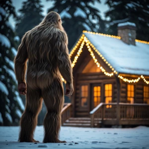 A hairy, humanoid Sasquatch, almost blending into the dark snowy...