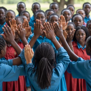 African students stand in front of each other in two rows, and c...