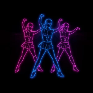 Dancing people outlined with glowing neon lights, cyberpunk styl...