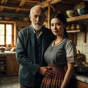 Ultra realistic photo of an elderly man standing behind a young...