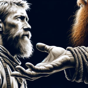 Create a man’s hand reaching out to another man both men are bod...