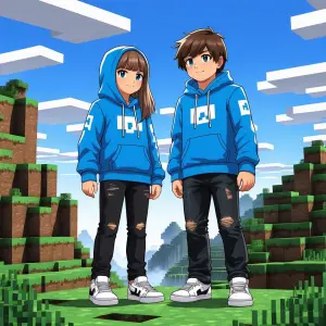 Make image of girl and boy wear blue hoodie Black jeans White sn...