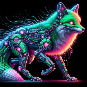 A whimsically glitchy cybernetic fox with holographic fur that f...