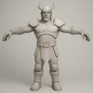 Create a 3d worrier caracter face with proper wireframe in T Pos...