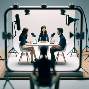 Three people, sitting down in 3 white chairs with a glass top de...
