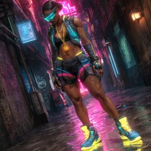 Cyberpunk street heroine, athletic Nigerian female in late 20s,...