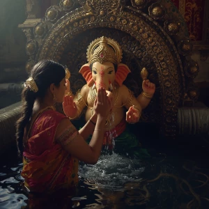 A very beautiful women immerging lord Ganesh in a well by her's...