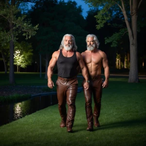 Two silver haired men with beards bodybuilder wearing brown leat...