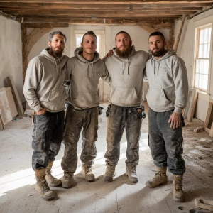 Four construction workers, all light-skinned men with short, cro...