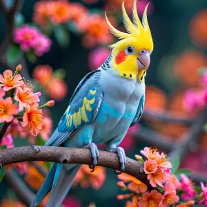 Generate an image of a playful cockatiel perched on a colorful,...