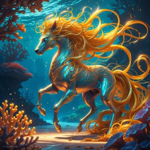 Intricately entwined with shimmering golden seaweed, a solarpunk...