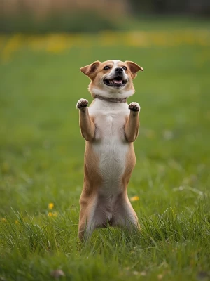 A small dog is standing on its hind legs like a human in a green...