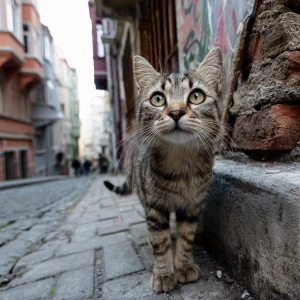 bir cadde tek başına duran kedi