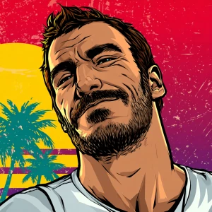 White muscular thin man with beard, big chin, smile and cheekbon...