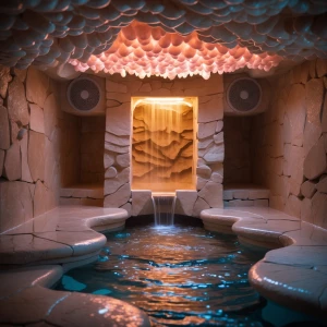 Create an image of a grotto bath hidden deep below a mansion. Th...