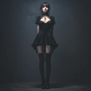 Generate an image of a goth girl with dark makeup, featuring her...