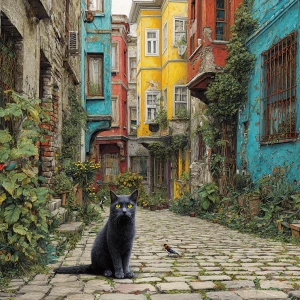 bir cadde tek başına duran kedi