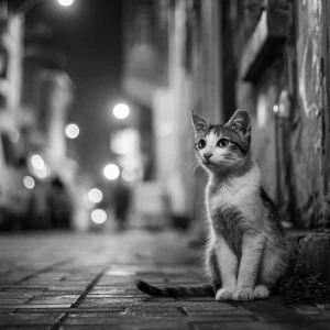 Bir cadde üzerinde tek başına duran sevimli bir kedi. Sokak lamb...