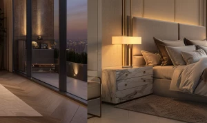 Ultra-realistic photo of a luxury apartment bedroom, warm neutra...