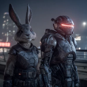 "A wide cinematic shot from a live-action 1990s sci-fi movie. Tw...