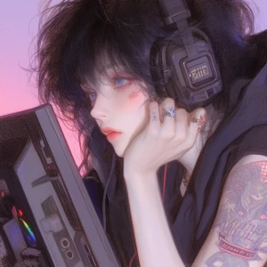 A woman with black hair and blue eyes is playing video games on...