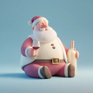 3D cartoonish figure of santa clause sitting down holding a wine...