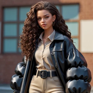 A girl with long brown curly hair on a school background wearing...